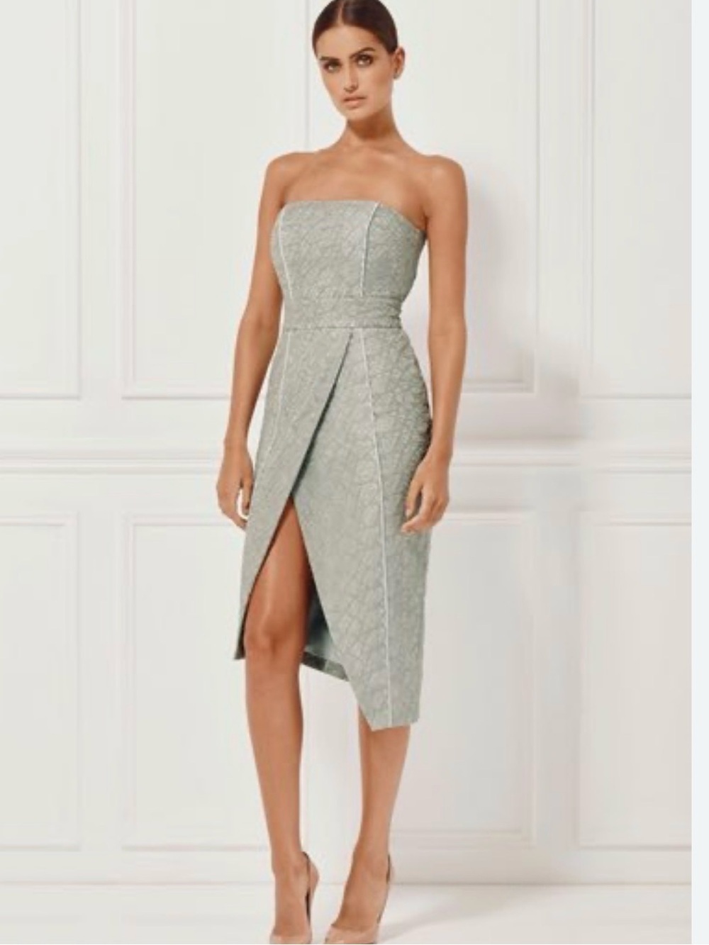 Misha 6 Olivia strapless asymmetrical grey lace cocktail event party midi dress
